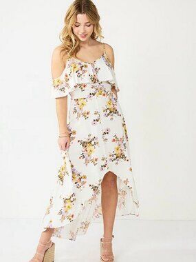 Rewind Floral Cold-Shoulder Hi-Low Summer Dress White Small